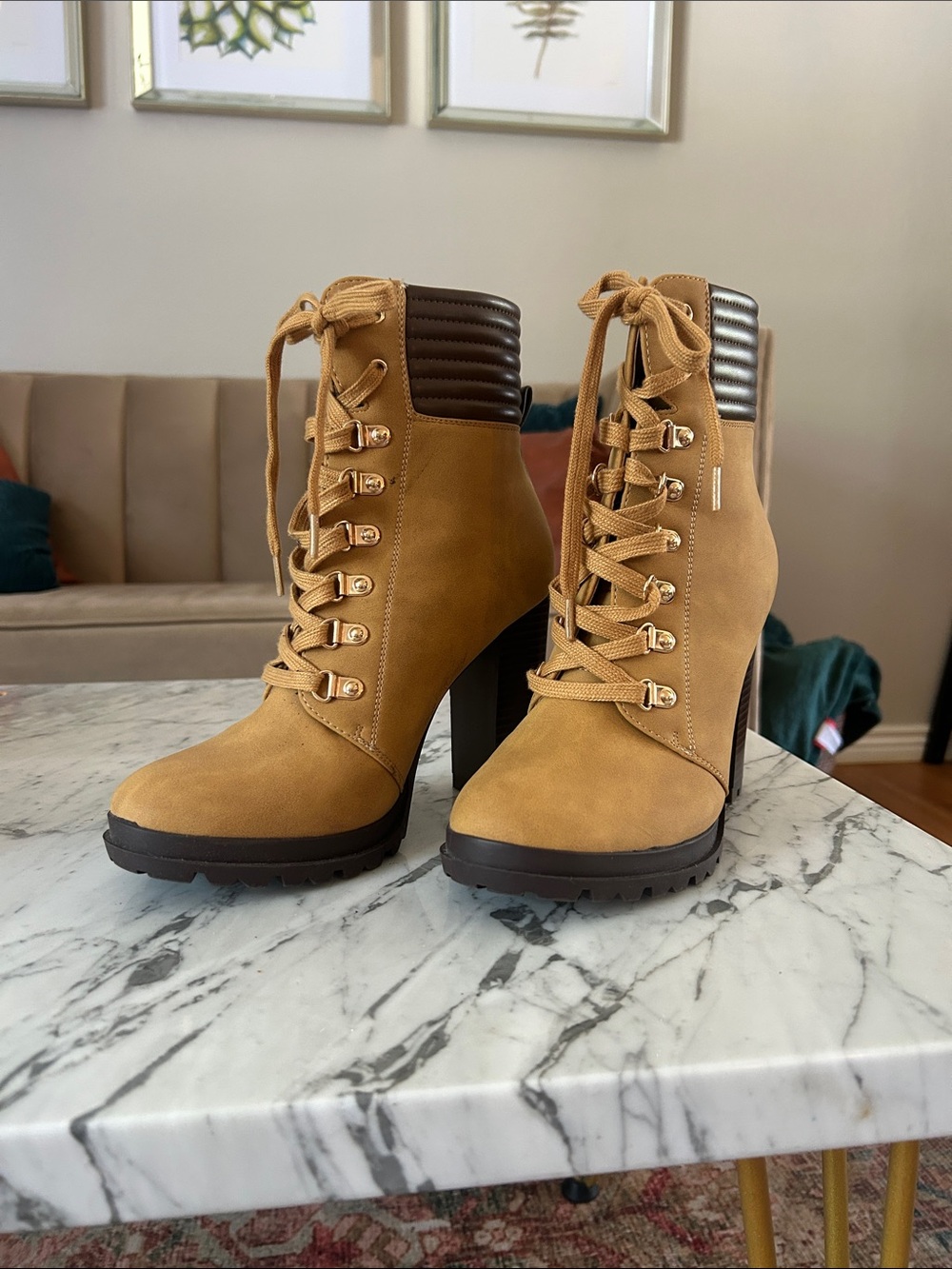 JustFab Camel Lace-Up Block Heel Ankle Boots